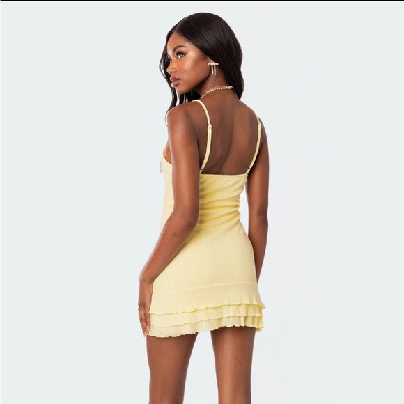 Edikted Yellow Ribbed Ruched Mini Dress - Picture 3 of 6